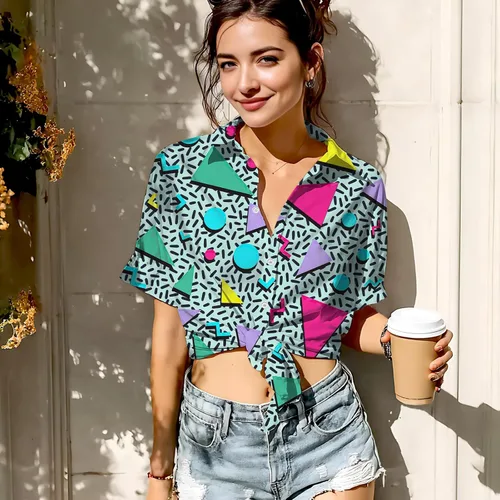 Vista 4 de HUGLAZY Traje de los años 80 para mujer, camisa hawaiana de manga corta neón para fiesta, disfraz retro de los años 90, blusa