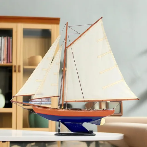 Vista 6 de NAUTIMALL 26 "velero de madera modelo Bermuda Sloop hecho a mano náutico moderno barco de yate decoración del hogar (azul)
