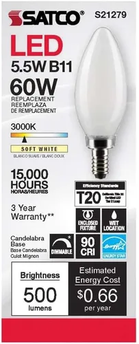 Vista 4 de Satco 6Pk 5.5w B11 LED 3000K Candelabro Base Helado Regulable - 60W Equiv