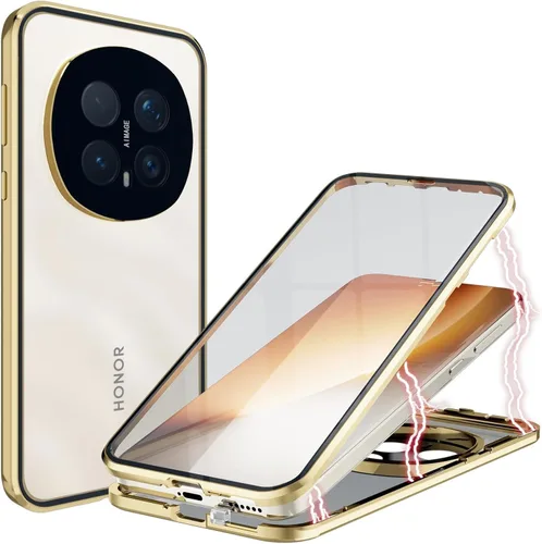 Vista 10 de QUIETIP Funda magnética para Honor Magic 8 Lite/Honor X9d, marco de metal de doble cara cubierta de vidrio templado transparente, negro