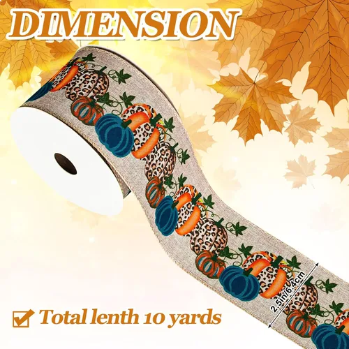 Vista 2 de Whaline Cinta de tela de calabaza de otoño con borde con alambre, cinta de tela de calabaza azul, cintas vintage para envolver para cosecha
