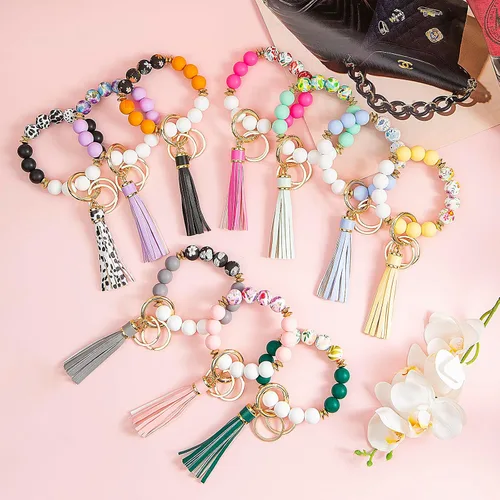Vista 7 de Llavero de pulsera para coche, llavero con cuentas de silicona para mujer