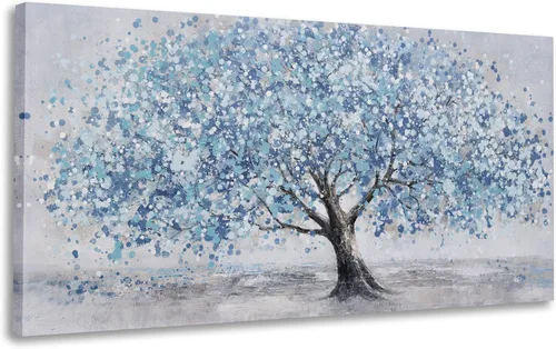 Vista 7 de Arte de pared de árbol de la vida, cuadro de árbol azul, decoración de pared, obra de arte enmarcada, lienzo abstracto, pintura de la naturaleza