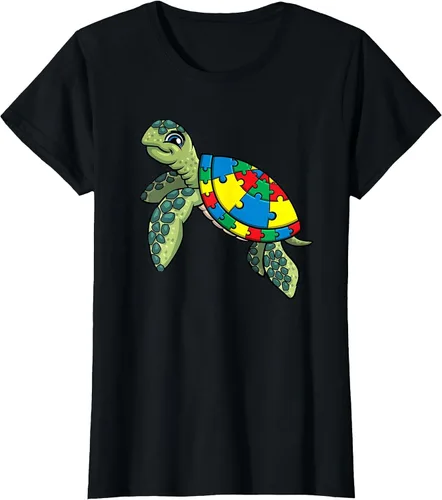 Vista 56 de Turtle Puzzle Pieces for Autism Awareness Kids Women Teacher T-Shirt Asphalt Grey