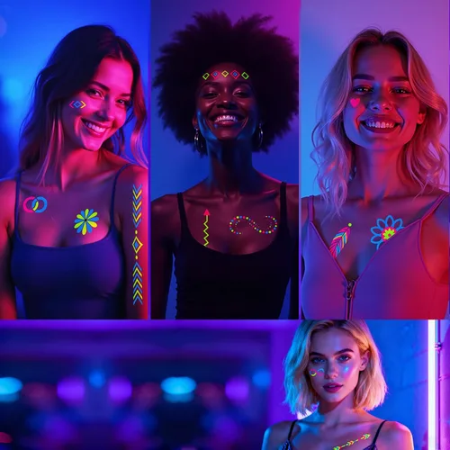 Vista 3 de Suministros de fiesta con tatuajes temporales que brillan en la oscuridad 192+ PIEZAS, Tatuajes faciales reactivos de neón UV con luz negra