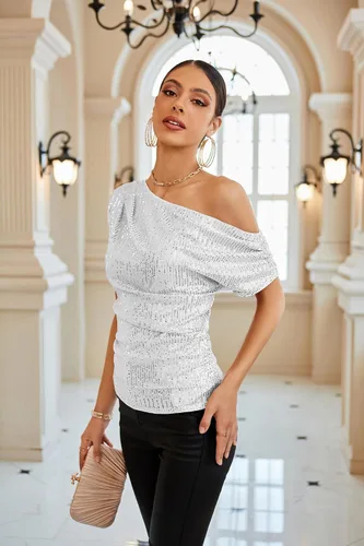Vista 2 de GRACE KARIN Blusas brillantes de lentejuelas de un hombro para mujer, con purpurina asimétrica fruncida, adelgazante, camisas de fiesta brillantes