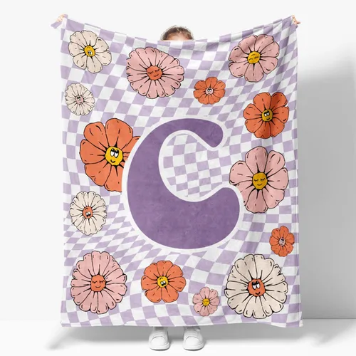 Vista 6 de Manta retro de los años 70 con inicial B floral a cuadros, groovy abstracta estética, manta de franela suave personalizada, regalos con monograma