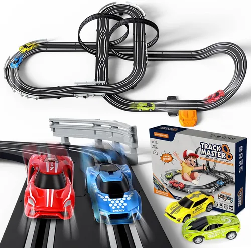 Vista 3 de Juegos de pista de carreras de coches de ranura para niños, batería o pista de carreras eléctrica con 4 coches de ranura de alta velocidad y 2