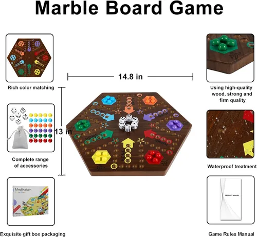 Vista 4 de Wahoo - Juego de mesa de mármol para 4 y 6 jugadores, juego de mesa de madera gruesa pintada de 2 caras para fiesta de familiares y amigos