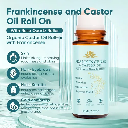 Vista 2 de Incienso y aceite de ricino, aceite de ricino roll-on con cuarzo rosa, 100% puro, orgánico, prensado en frío, reafirma la piel, reduce las líneas