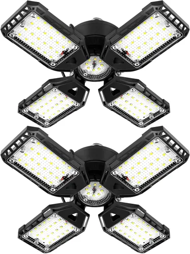 Vista 6 de Aoretic Luces LED de garaje 180W 18000LM 6500K, paquete de 2 6+1 paneles deformables, base E26/E27, uso de almacén y tienda, luz de granero