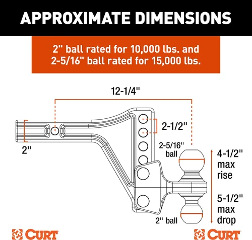 Vista 2 de CURT 45935 Soporte de bola de enganche de remolque ajustable con doble bola, vástago de 2 pulgadas, hasta 15,000 libras 2" and 2-5/16" Balls