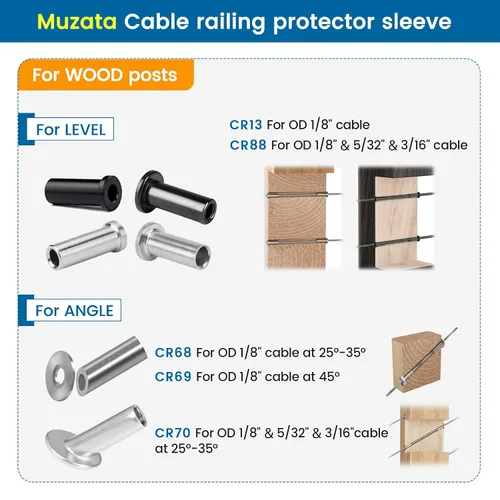 Vista 8 de Muzata Juego de 80 fundas protectoras de acero inoxidable T316, kit de barandilla de cable, funda protectora para cables de 1/8 pulgadas, postes