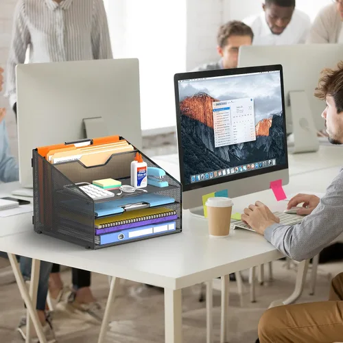 Vista 7 de Organizador de archivos de escritorio, organizador de papel con 4 bandejas de letras y 2 secciones verticales verticales, organizadores de Negro