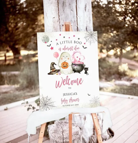 Vista 28 de Personalized Halloween Baby Shower Welcome Sign, A Little Boo Baby Shower Welcome Sign, Pumpkin Decorations,girl, Halloween Decor 12" X 18" (Small)