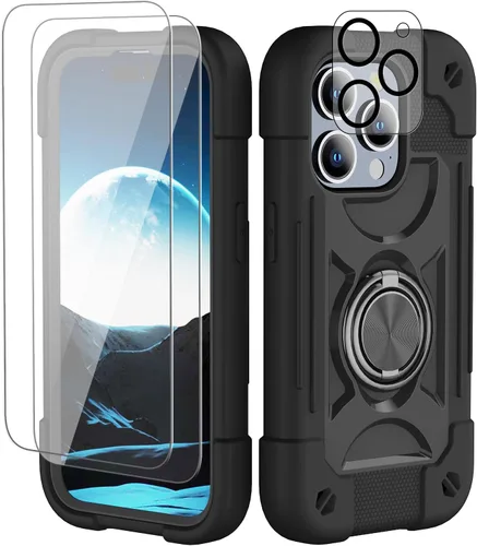 Vista 7 de Funda para iPhone 11 de 6.1 pulgadas con soporte de anillo, con 2 protectores de pantalla de vidrio, resistente a los golpes, resistente a