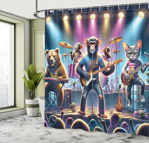Vista 2 de Ambesonne Cortina de ducha con banda de animales, mono de concierto caprichoso con teclado, oso, guitarrista, gato, juego de decoración de baño
