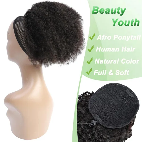 Vista 4 de Cola de caballo de cabello humano afro para mujeres negras, con cordón, 150 % de densidad, cabello virgen rizado 10A, extensiones de cabello 4C
