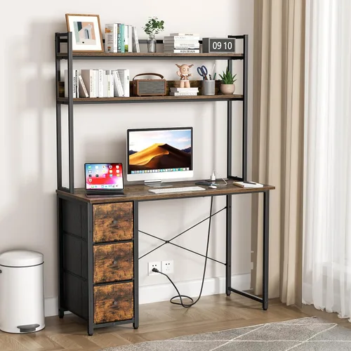 Vista 13 de Aquzee Escritorio para computadora con cajones, escritorio de 40 pulgadas con gabinete, escritorio de oficina en casa con almacenamiento, tomas