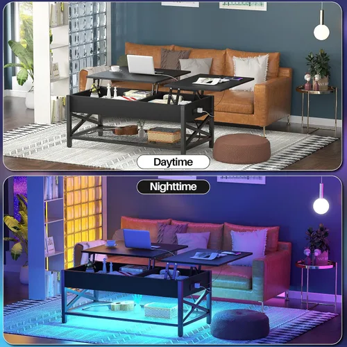 Vista 6 de Aheaplus Mesa de Centro Elevable Negra con Luz LED, Tomas de Corriente y Estante de Almacenamiento, 41.7"An x 19.69"L x 19.7"Al