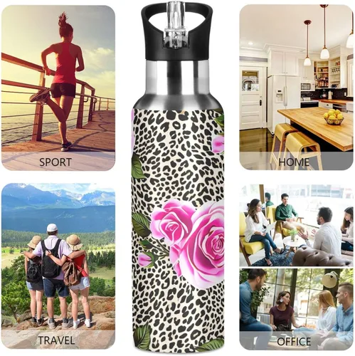 Vista 5 de Pink Roses Leopard Print Stainless Steel Vacuum Insulated Water Bottle 20 Oz Leakproof Water Bottles, BPA-Free Sport Water Bottle Insulated