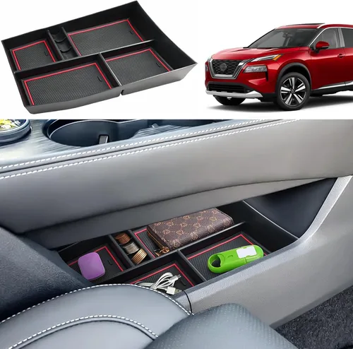 Vista 14 de Organizador de reposabrazos 2021-2024 2025 para Nissan Rogue (S/SV/SL/Platinum/Rock Creek), organizador de consola central de plástico ABS y goma