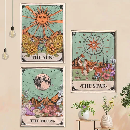 Vista 10 de Aipon Tapiz bohemio de polilla vintage con flores florales, tapices estéticos retro de hongos para dormitorio, sol y luna, tapiz pequeño para colgar