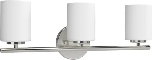 Vista 24 de Progress Lighting Lámpara moderna de tocador de baño de cristal blanco grabado con 4 luces, colección Replay, níquel cepillado (P2160-09)