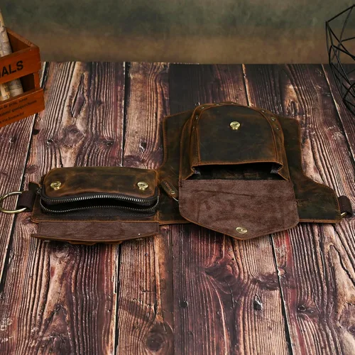 Vista 7 de Lona resistente al agua más cuero motocicleta riñonera un hombro gota pierna muslo bolsa para hombres mujeres N211-8, Marrón, Estilo vintage retro