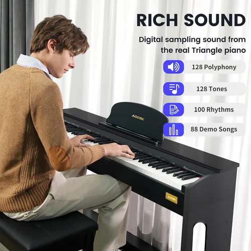 Vista 4 de AODSK - Piano digital de 88 teclas y banco con soporte, pedales, altavoces