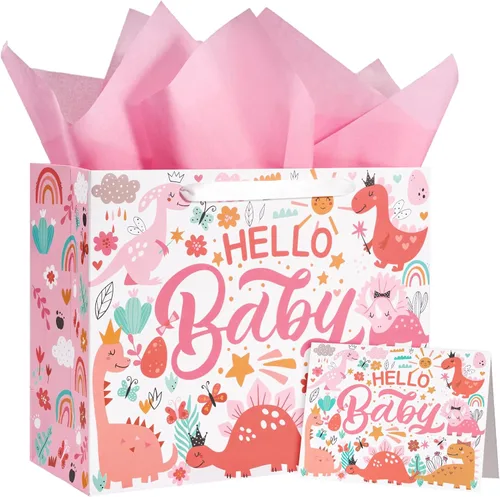 Vista 9 de WRAPAHOLIC Bolsa de regalo grande de 13 pulgadas con tarjeta y papel de seda, adorable bolsa de regalo de elefante para bebé, baby shower, fiesta