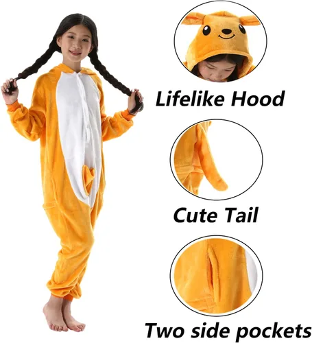Vista 4 de SimZoo Kids Animal Pajamas, Boy Girls Kangaroo Cosplay Costume Sleepwear, One-Piece Unisex Homewear 3-11Y