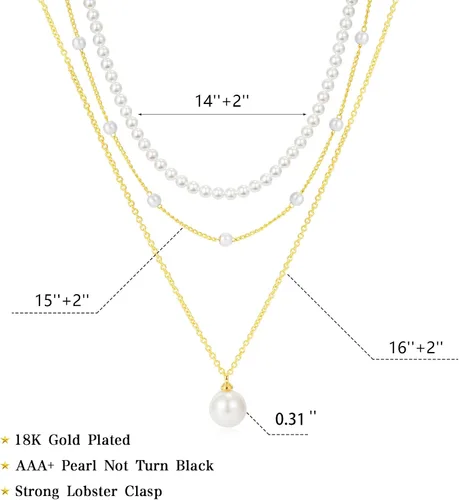 Vista 5 de Collares de perlas para mujer, a la moda, chapado en oro de 18 quilates, collar de perlas en capas, collar y aretes de perlas delicadas, pulseras