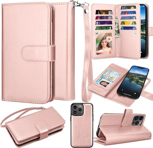 Vista 8 de Funda tipo cartera para iPhone 15 Pro, funda para iPhone 15 Pro, funda de piel sintética con soporte para tarjetas de crédito