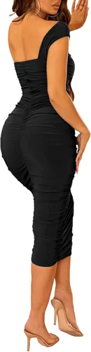 Vista 4 de Halfword Vestido midi sexy de un hombro para mujer, fruncido, entallado, con cordón, para fiesta nocturna, club, cóctel