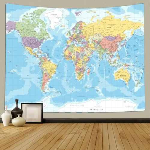 Vista 5 de TOMOZ Tapiz de mapa del mundo para colgar en la pared para profesores, estudiantes, mapa del mundo con países y ciudades principales, tapiz