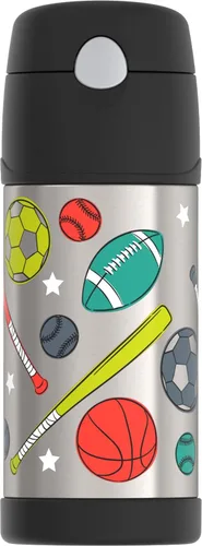 Vista 45 de THERMOS FUNTAINER - Botella de agua con pajilla, 12 onzas, botella de agua de acero inoxidable aislada al vacío para niños con tapa, color negro
