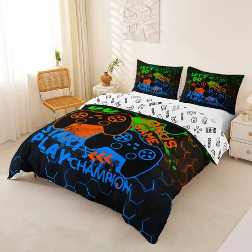 Vista 28 de Juego de funda de edredón con diseño de videojuegos para niños, tamaño individual, negro y azul a cuadros, juego de ropa de cama moderna
