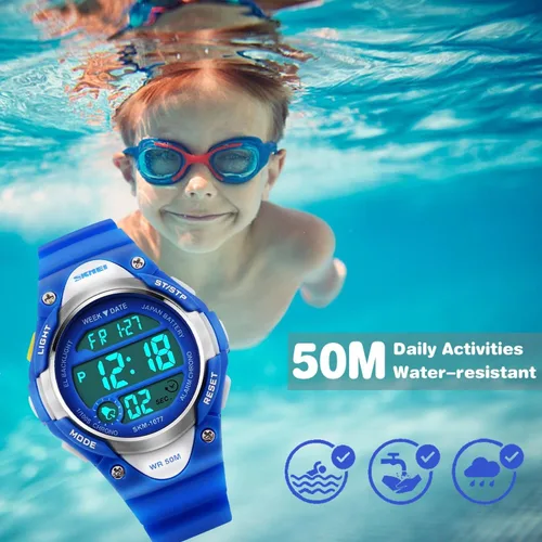 Vista 5 de Reloj digital deportivo para niños y niñas, resistente al agua, relojes electrónicos con alarma LED, cronómetro