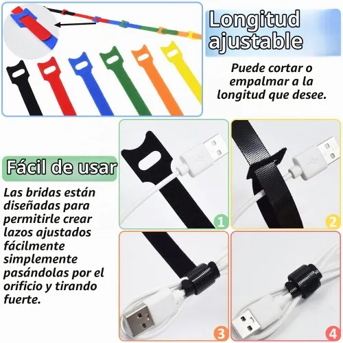 Vista 6 de 80 unidades de bridas de cable reutilizables multicolor, bridas de alambre para gestión de cables, bridas de cordón reutilizables para electrónicos