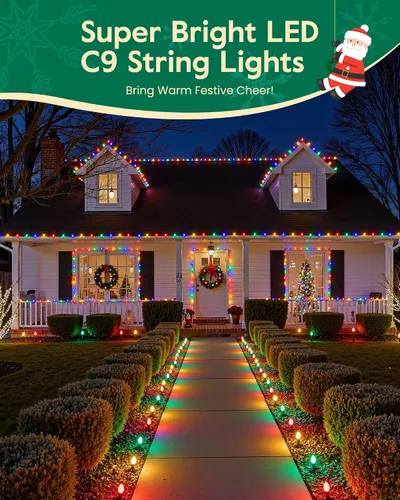 Vista 4 de Luces de Navidad C9 para exteriores con 110 clips de resorte, 110 luces LED C9 de 65 pies, impermeables, conectables para exteriores, techo, patio