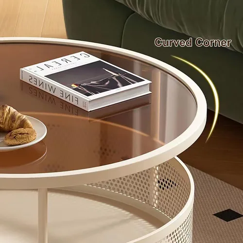 Vista 5 de Mesa de centro de cristal con ruedas giratorias, mesa de té redonda de 2 niveles con cesta de almacenamiento hueca de hierro, moderna mesa central