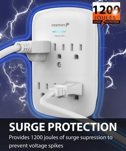 Vista 2 de Fosmon Protector de sobretensiones de montaje en pared de 6 tomas, supresión de sobretensiones de 3 clavijas, 1200 julios, 15 A, 125 VCA, 60 Hz