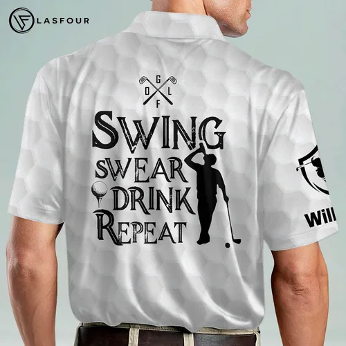 Vista 5 de LASFOUR Camisas de golf divertidas con nombre personalizado para hombres, camisas de golf de manga corta, swing Swear Drink Repeat American Polo