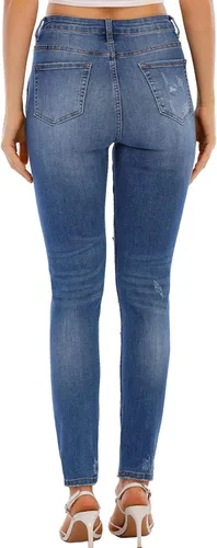 Vista 6 de AMCLOS Pantalones cortos de mezclilla casuales para mujer cintura alta elástica con agujeros rasgados desgastados con bolsillos