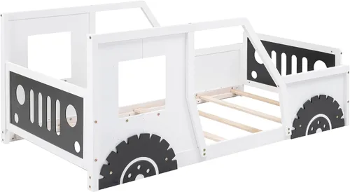 Vista 7 de Polibi Cama de plataforma, tamaño individual, cama clásica de madera en forma de automóvil con ruedas, cabecero, estribo, puertas, ventanas