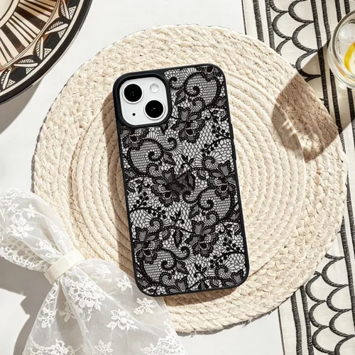 Vista 6 de NITITOP Para iPhone 14 Plus/15 Plus Funda Transparente Encaje Flor - Negro