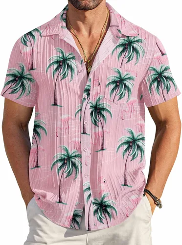 Vista 22 de COOFANDY - Camisas de botones casuales para hombre, de manga corta, con textura, camisa de playa de verano con bolsillo