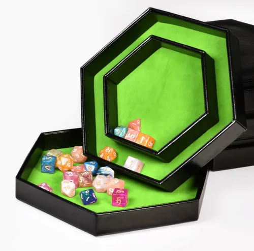 Vista 3 de DND - Bandeja de dados hexagonal 2 en 1, material de piel sintética, color verde, compatible con D&D, MTG, Dice Arena