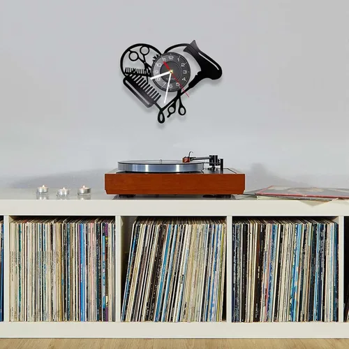 Vista 3 de Reloj de pared de 12 pulgadas, herramientas para peluquería, disco de vinilo, reloj de pared, peluquería, peluquería, secador, tijera, peine, diseño